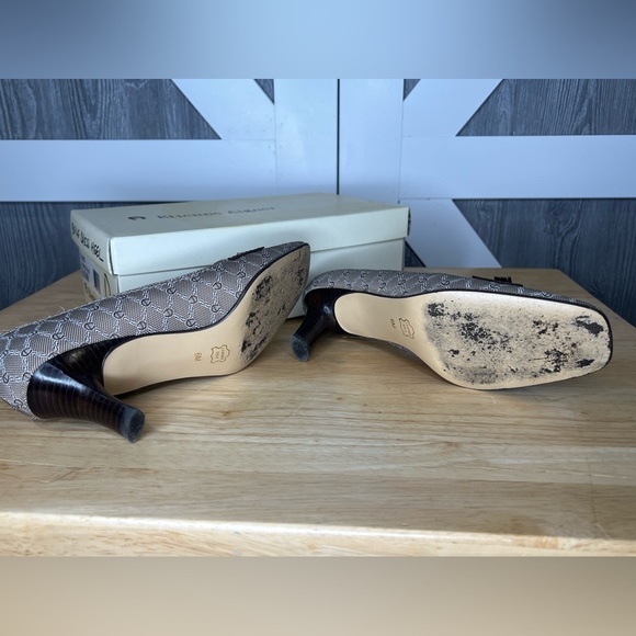 S20. Etienne Aigner Kiltie Fabric Leather Sole High Heel Pumps Brown/Cream 6m - Picture 6 of 7